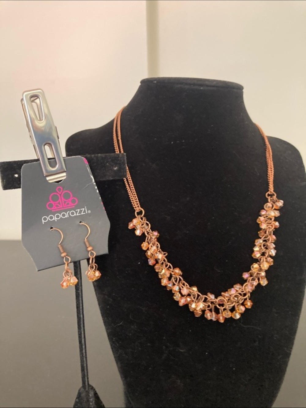 Paparazzi Rose Gold Clustered Crystal Necklace with Dangle Earrings